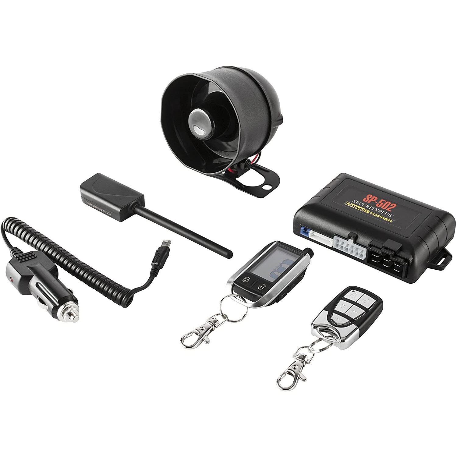 Crimestopper SP-502 2-Way LCD Paging Combo Alarm, Keyless Entry and Remote Start System with Rechargeable Remote Standard Packaging
